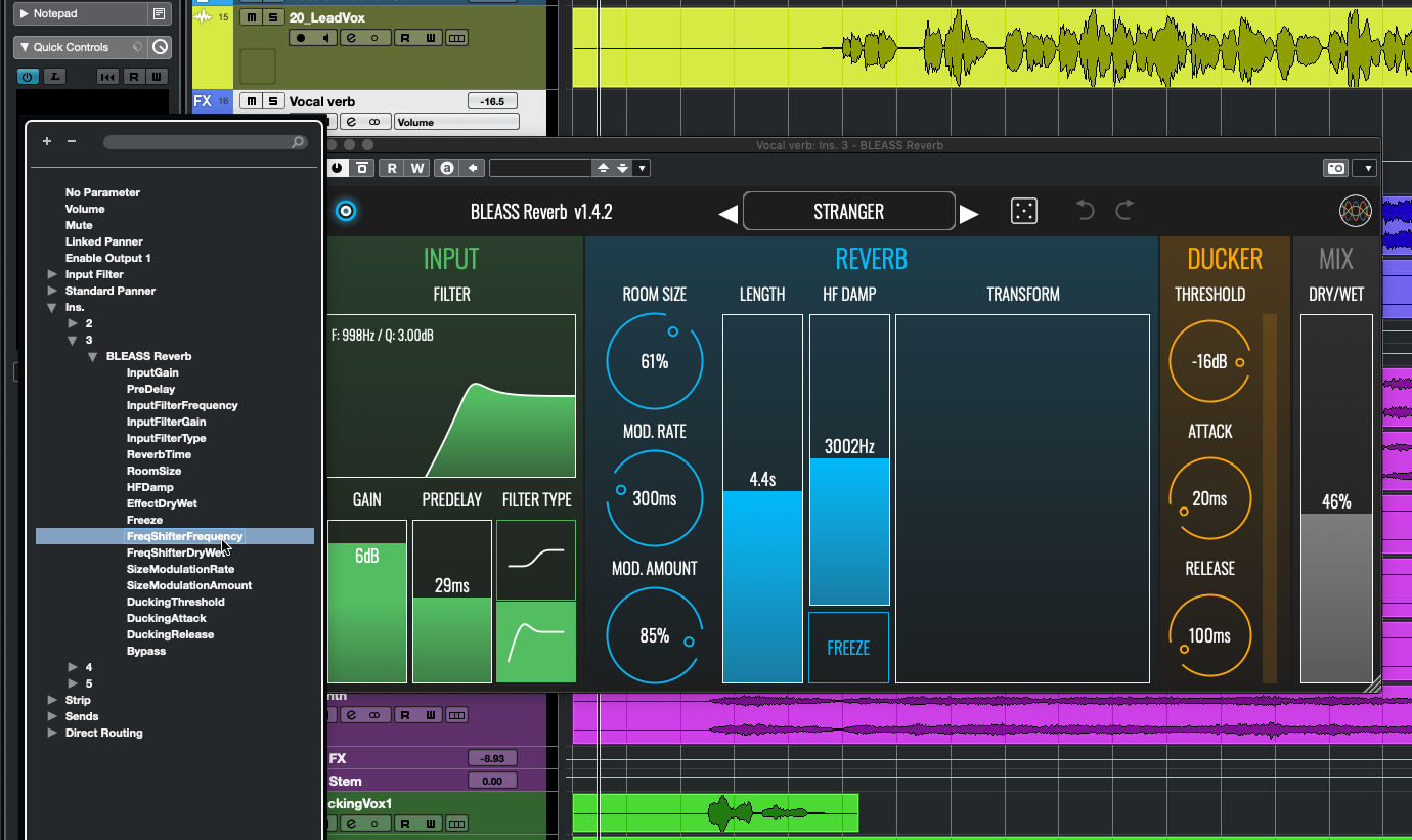 Screengrab of BLEASS Reverb showing the parameter names that control the plugin's Transform pad