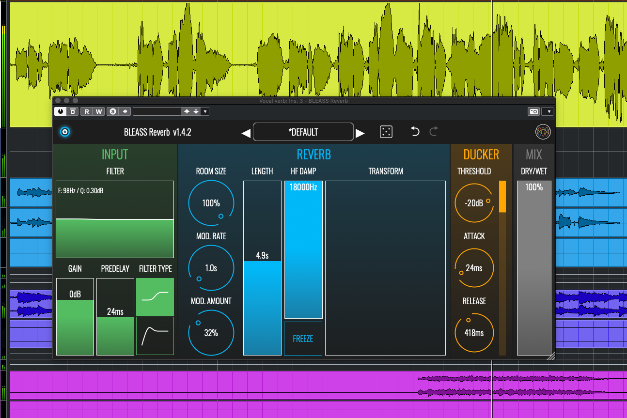 Screengrab of BLEASS Reverb showing the plugin's Ducker responding to a vocal part