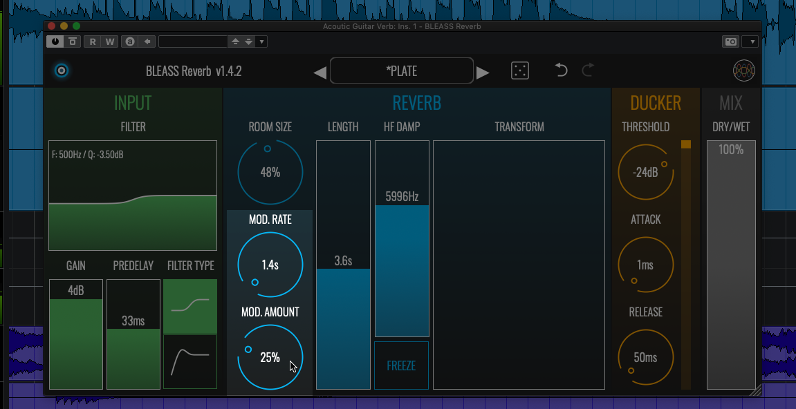 Screengrab of BLEASS Reverb with the Mod. Rate and Mod. Amount controls highlighted